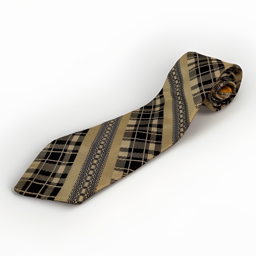 Vintage Mens Geometric Plaid Chevron Wide Blade Tie Tan Brown Textured Polyester